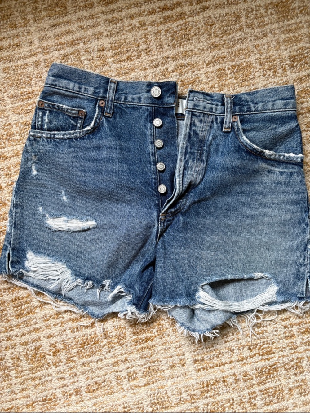 AGOLDE Dee Distressed High-Rise Button-Fly Denim Shorts - Blue